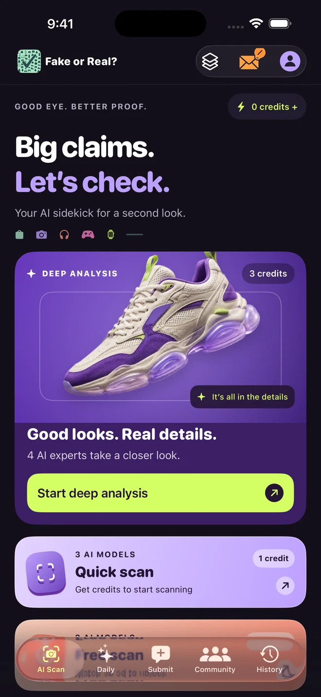The Fake or Real app home screen with scan and community options